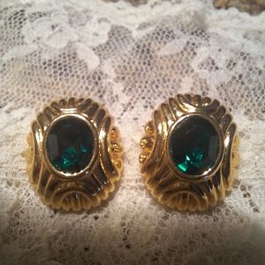 Monet Vintage Clip On Goldtone Earrings Green Faceted Stone May Birthstone EUC